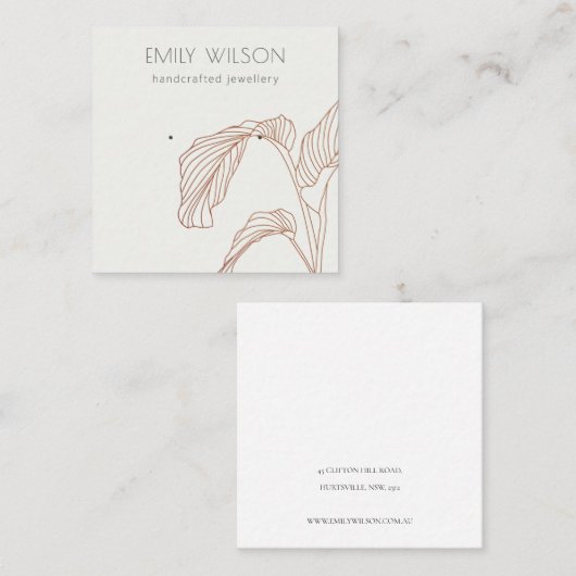 Terracotta Palm Leaf Sketch Stud Earring Display Vierkante Visitekaartje (Voorkant / Achterkant)