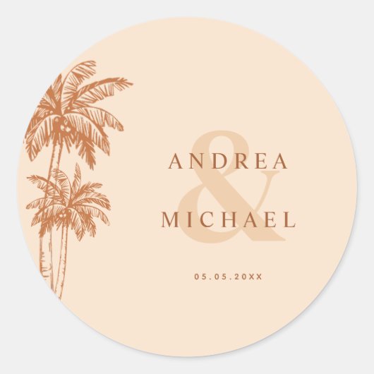 Terracotta Palm Trees & Ampersand Namen Bruiloft Ronde Sticker (Voorkant)