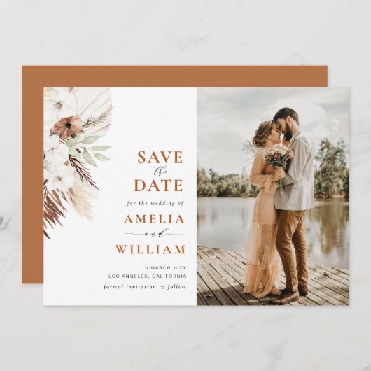 terracotta pampas floral bruiloft Save the Date (Voorkant / Achterkant)