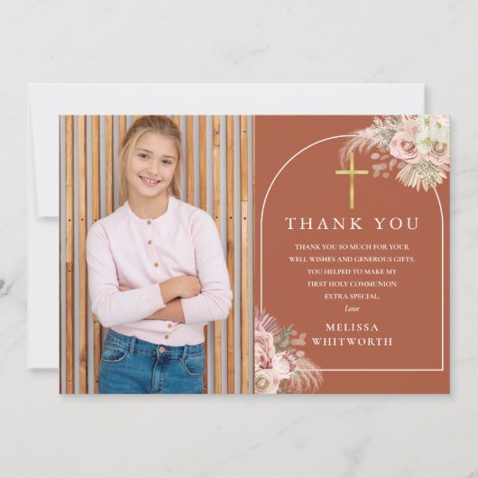 Terracotta Pampas Gras Foto Eerste Heilige Communi Bedankkaart (Voorkant)