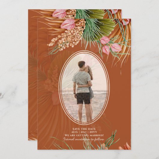 Terracotta Pampas Gras FOTO Trouw Uitnodiging Save (Voorkant / Achterkant)