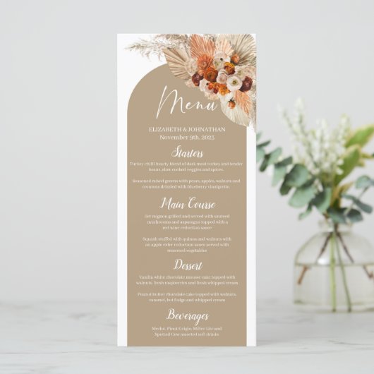 Terracotta pampas gras verbrand oranje Boho Arch Menu (Staand voorkant)