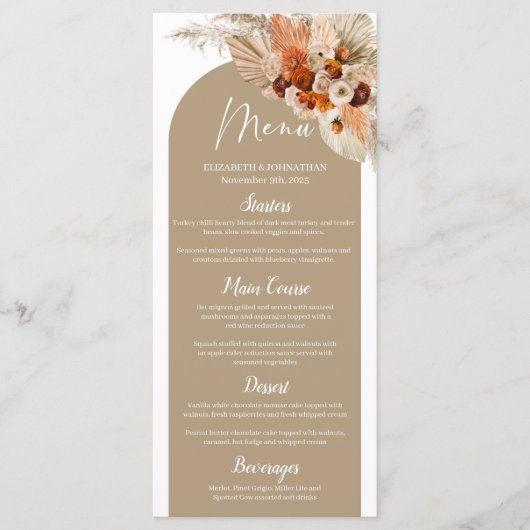 Terracotta pampas gras verbrand oranje Boho Arch Menu (Voorkant)