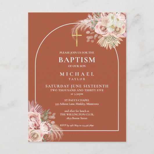 Terracotta Pampas Grass Arch Baptism Christening Uitnodiging Briefkaart (Voorkant)