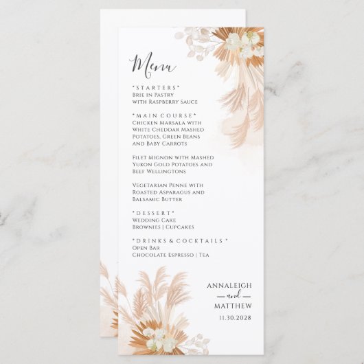 Terracotta Pampas Grass Botanical Wedding Menu (Voorkant / Achterkant)