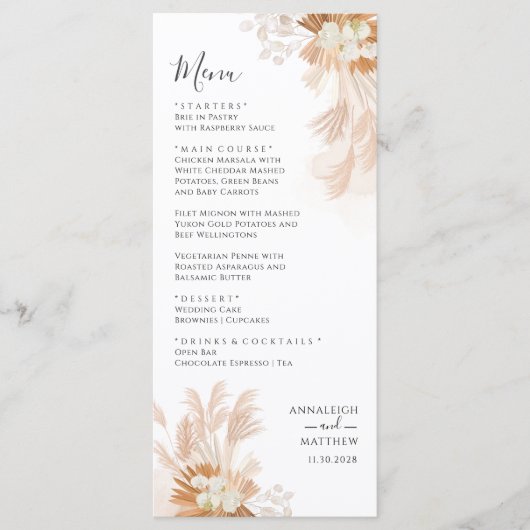 Terracotta Pampas Grass Botanical Wedding Menu (Voorkant)