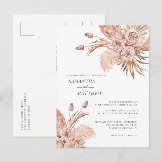 Terracotta Pampas Grass Botanical Wedding Uitnodiging Briefkaart (Voorkant / Achterkant)