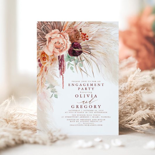 Terracotta Pampas Grass Floral Engagement Party Kaart