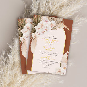 Terracotta Pampas Grass Floral Tropical Wedding Folie Uitnodiging