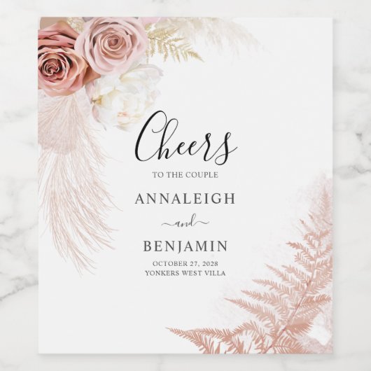 Terracotta Pampas Grass Floral Wedding Wijn Etiket (Enkel label)