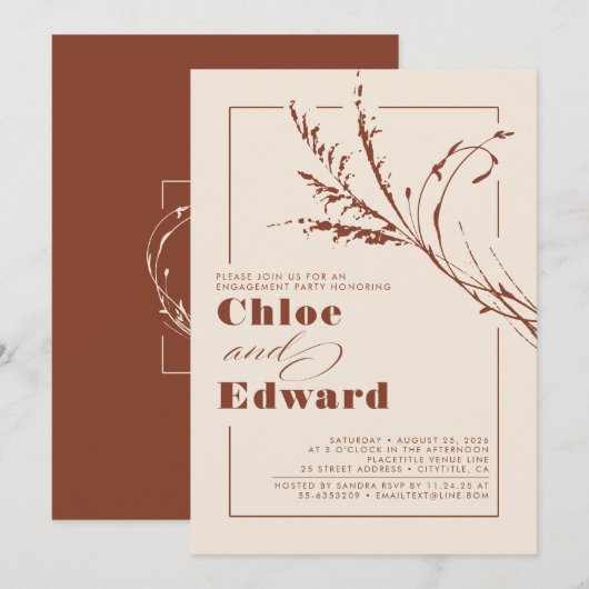 Terracotta Pampas Grass Modern Engagement Party Kaart (Voorkant / Achterkant)