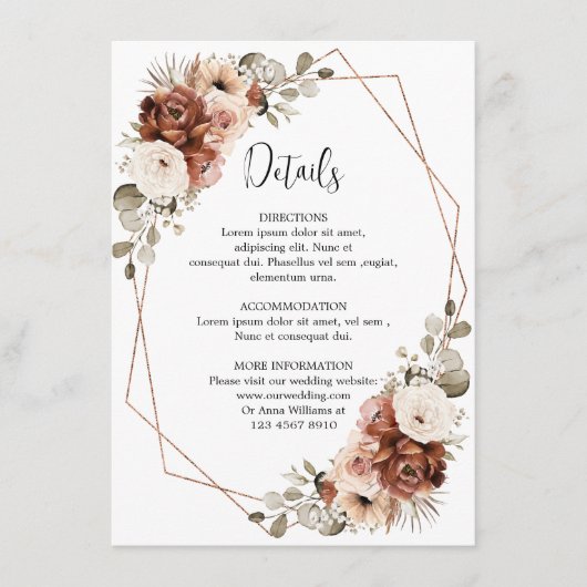 Terracotta Pampas Grass Rustic Geometric Details Informatiekaartje (Voorkant)