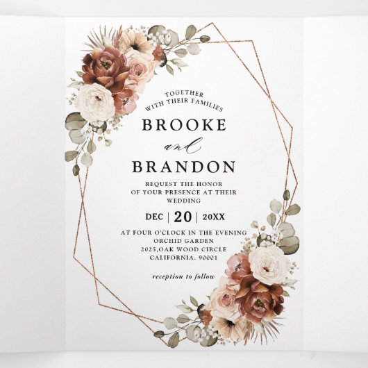 Terracotta Pampas Grass Rustic Geometric Wedding Drieluik Programma (Binnenkant midden)