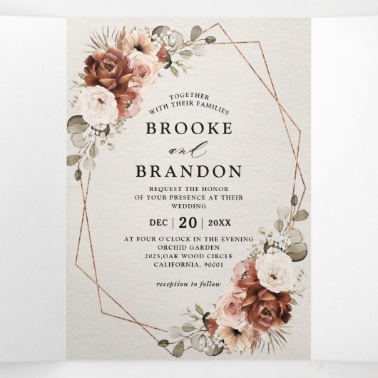 Terracotta Pampas Grass Rustic Geometric Wedding T Drieluik Programma (Binnenkant midden)