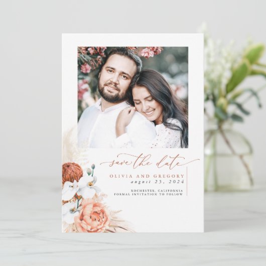 Terracotta Pampas Grass sparen de Datum Foto Save The Date (Staand voorkant)