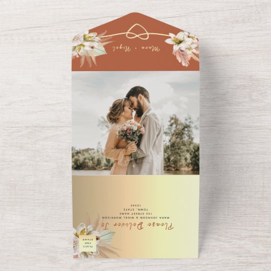 Terracotta Pampas Grass Wedding All In One Uitnodiging (Buitenkant)