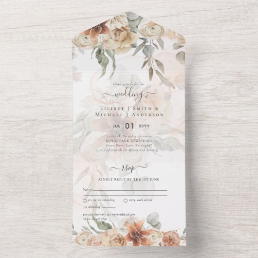 Terracotta Pampasgras BOHO Bruiloft All In One Uitnodiging (Binnen)