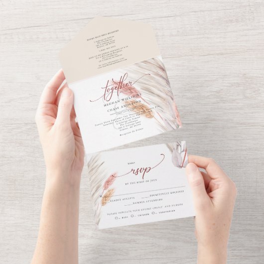 Terracotta Pampasgras Bruiloft All In One Uitnodiging (Afscheurbaar)