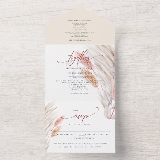 Terracotta Pampasgras Bruiloft All In One Uitnodiging (Binnen)