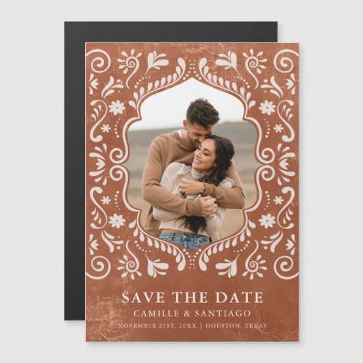 Terracotta Papel Picado Foto Bewaar de datum Magnetische Uitnodiging (Voorkant / Achterkant)