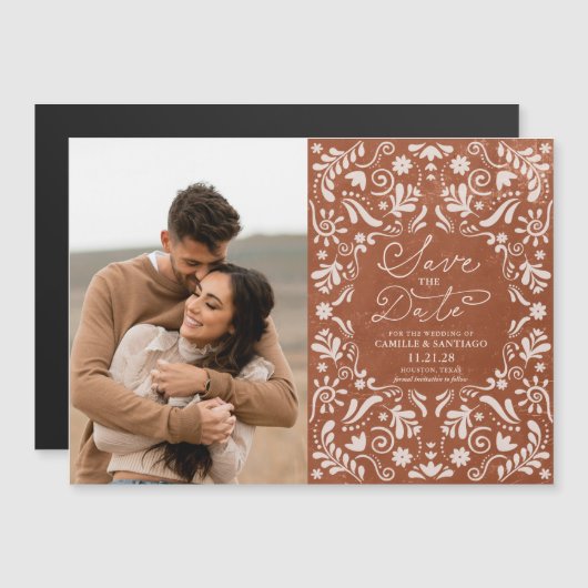 Terracotta Papel Picado Foto Bewaar de datum Magnetische Uitnodiging (Voorkant / Achterkant)