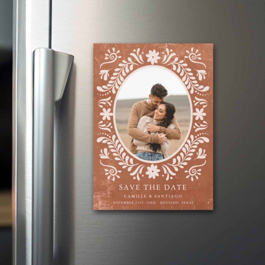 Terracotta Papel Picado Foto Bewaar de datum Magnetische Uitnodiging