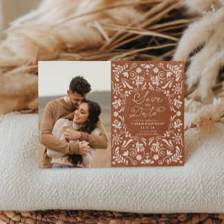 Terracotta Papel Picado Foto Bewaar de datum Magnetische Uitnodiging