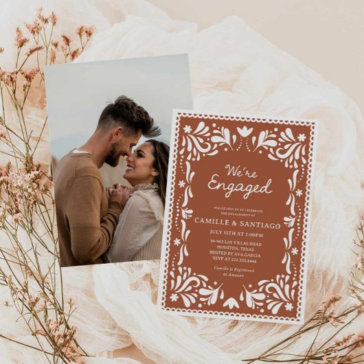 Terracotta Papel Picado Verloving Uitnodiging