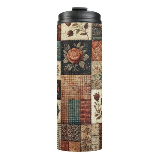 Terracotta Patchwork Dekbed Rustieke Boho Bloem Thermosbeker (Voorkant)