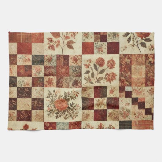 Terracotta patchwork en quilt rustieke bloemen theedoek (Horizontaal)