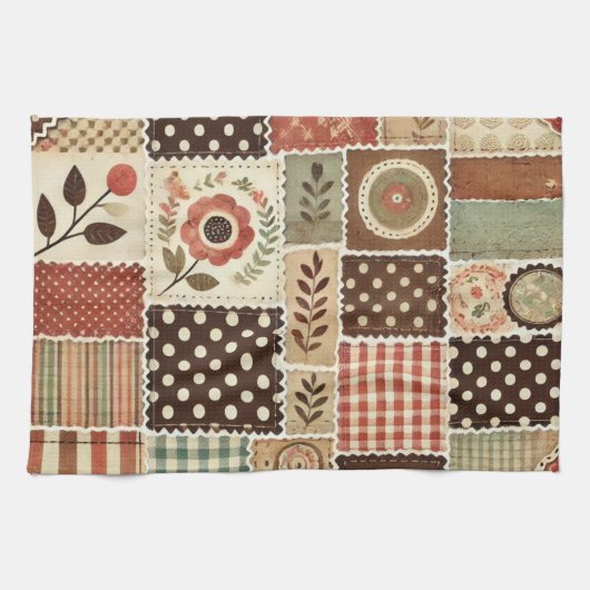 Terracotta patchwork en quilt rustieke bloemen theedoek (Horizontaal)