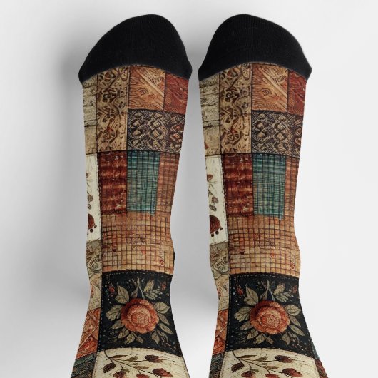 Terracotta Patchwork Quilt Patroon Retro Bloemen Sokken (Top)