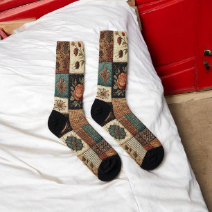 Terracotta Patchwork Quilt Patroon Retro Bloemen Sokken