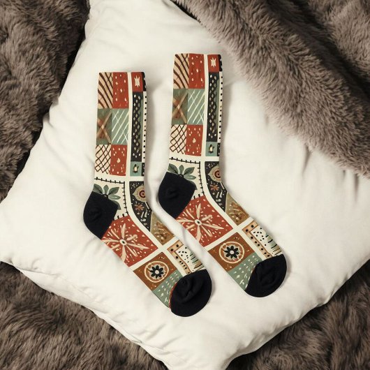 Terracotta Patchwork Quilt Patroon Retro Bloemen Sokken