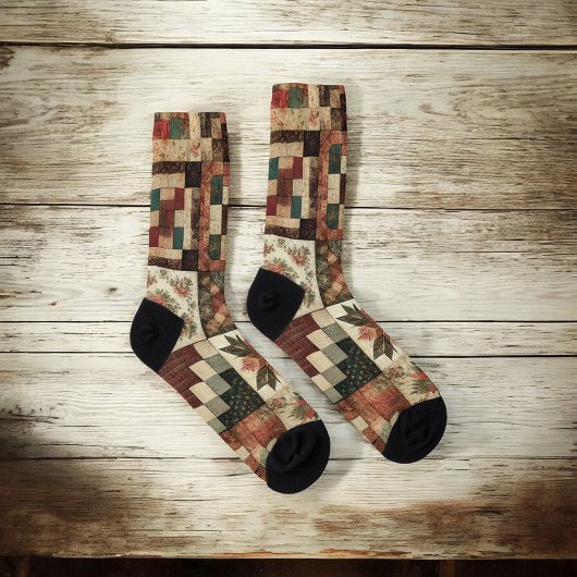 Terracotta Patchwork Quilt Patroon Retro Bloemen Sokken