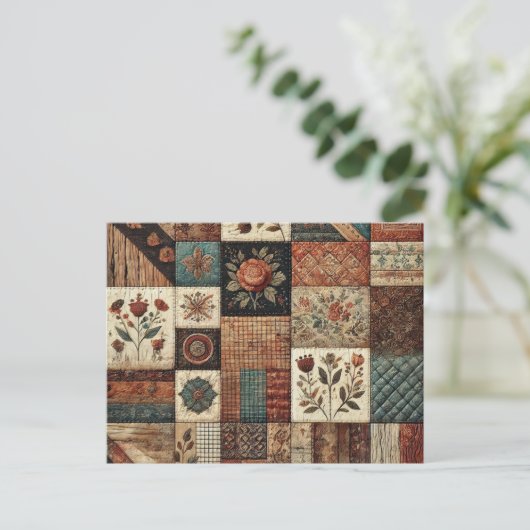Terracotta Patchwork Quilt Rustieke Bloemen Ontwer Briefkaart (Staand voorkant)