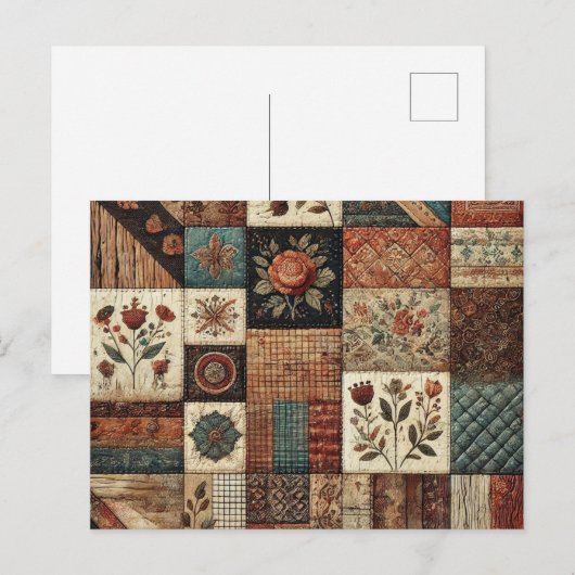 Terracotta Patchwork Quilt Rustieke Bloemen Ontwer Briefkaart (Voorkant / Achterkant)
