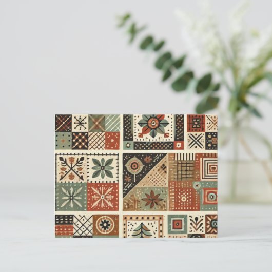 Terracotta Patchwork Quilt Rustieke Bloemen Ontwer Briefkaart (Staand voorkant)