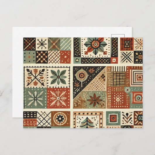 Terracotta Patchwork Quilt Rustieke Bloemen Ontwer Briefkaart (Voorkant / Achterkant)