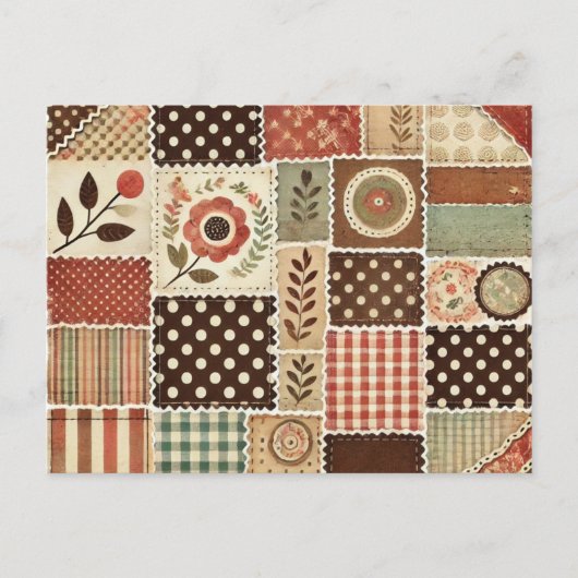 Terracotta Patchwork Quilt Rustieke Bloemen Ontwer Briefkaart (Voorkant)