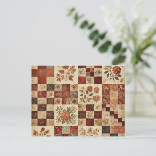 Terracotta Patchwork Quilt Rustieke Bloemen Ontwer Briefkaart (Staand voorkant)