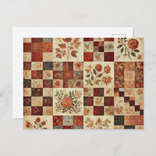 Terracotta Patchwork Quilt Rustieke Bloemen Ontwer Briefkaart (Voorkant / Achterkant)