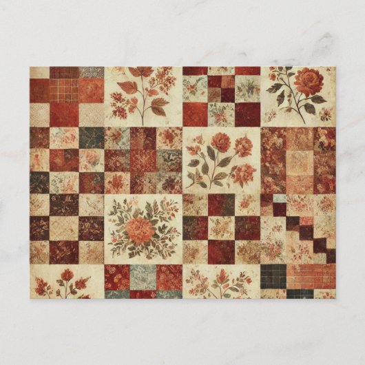Terracotta Patchwork Quilt Rustieke Bloemen Ontwer Briefkaart (Voorkant)