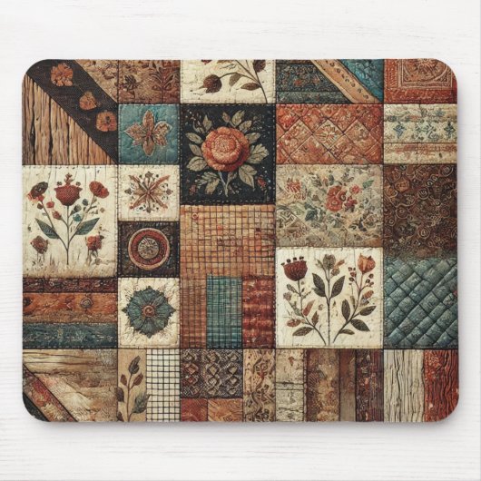 Terracotta Patchwork Quilt Rustieke Bloemenbureau Muismat (Voorkant)