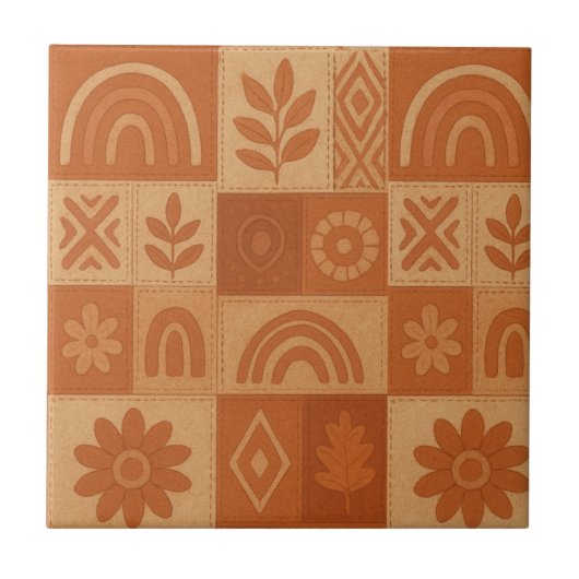 Terracotta Patchwork Quilt Rustieke Boerderij Bloe Tegeltje (Voorkant)