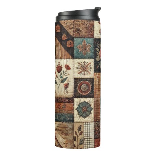 Terracotta Patchwork Quilt Rustieke Boho Bloemen Thermosbeker (Gedraaid links)