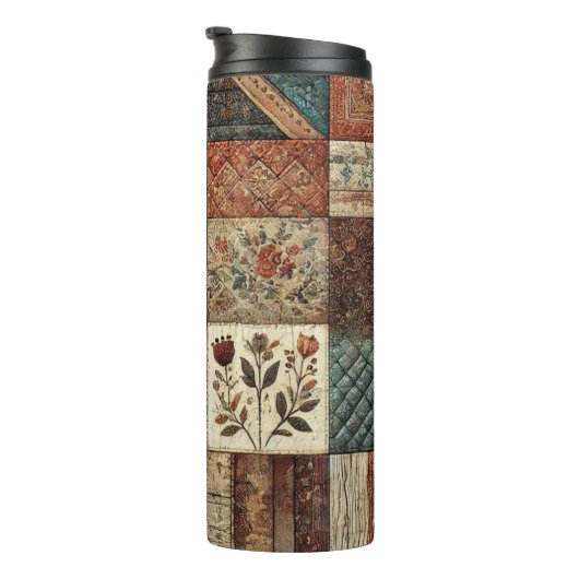 Terracotta Patchwork Quilt Rustieke Boho Bloemen Thermosbeker (Geroteerd rechts)
