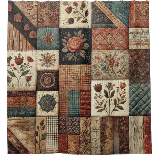 Terracotta Patchwork Quilt Rustieke Retro Bloemen Douchegordijn (Voorkant)