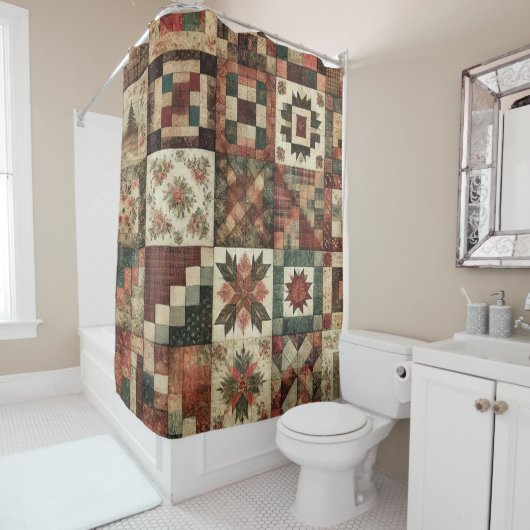 Terracotta Patchwork Quilt Rustieke Retro Bloemen Douchegordijn (In situ)