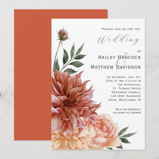 Terracotta, Peach, Blush Floral Wedding Invitation Kaart (Voorkant / Achterkant)